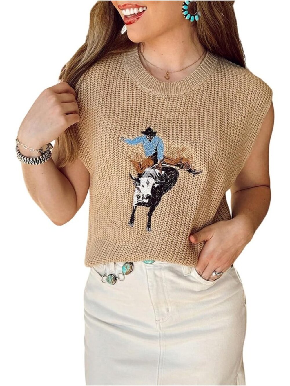 Women's Khaki Ribbed Knit Cap Sleeve Western Cowboy Embroidered Sweater Tank Top